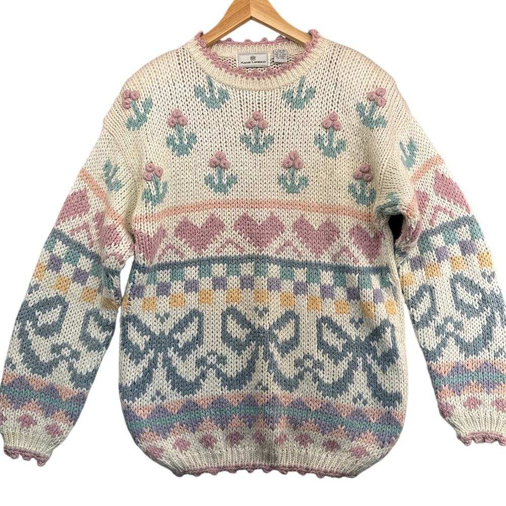 Maggie Lawrence Vintage Girly Heart Bow Flower Granny Sweater Women Large